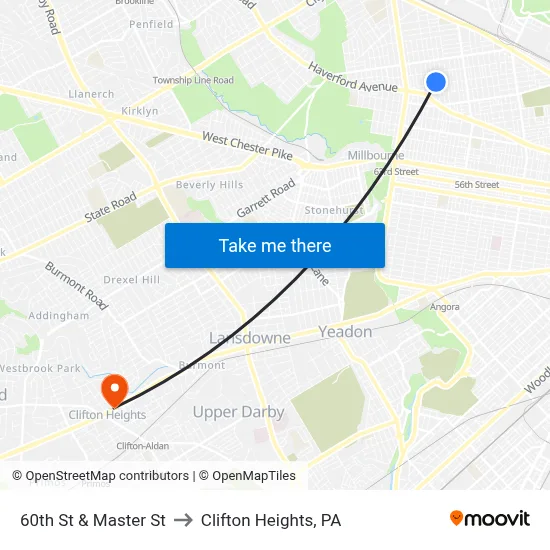 60th St & Master St to Clifton Heights, PA map