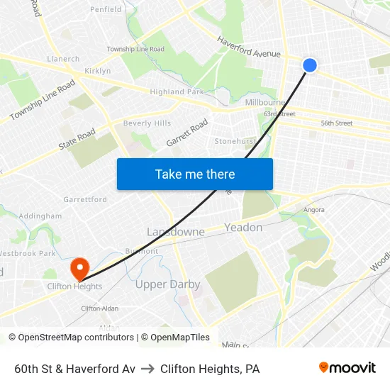 60th St & Haverford Av to Clifton Heights, PA map