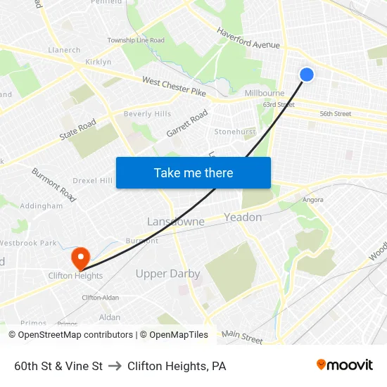 60th St & Vine St to Clifton Heights, PA map