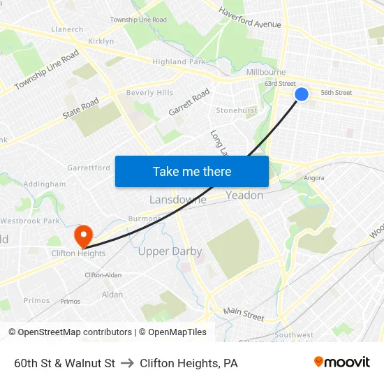 60th St & Walnut St to Clifton Heights, PA map