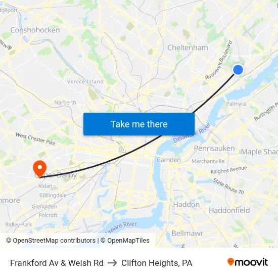 Frankford Av & Welsh Rd to Clifton Heights, PA map