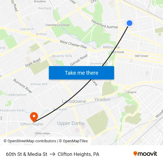 60th St & Media St to Clifton Heights, PA map