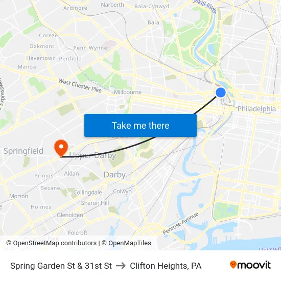 Spring Garden St & 31st St to Clifton Heights, PA map