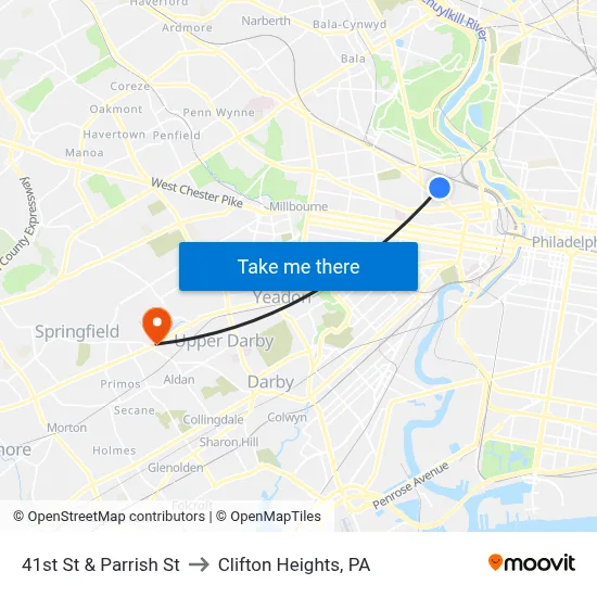41st St & Parrish St to Clifton Heights, PA map