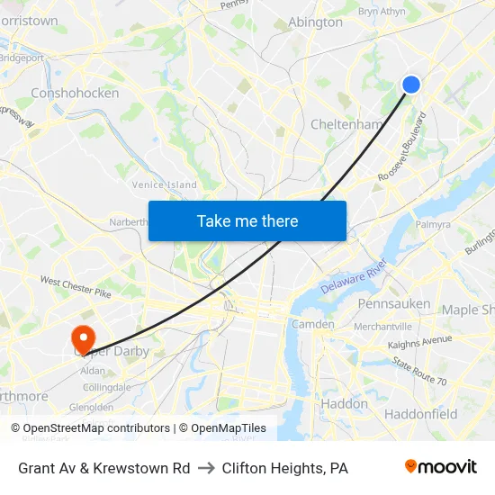 Grant Av & Krewstown Rd to Clifton Heights, PA map
