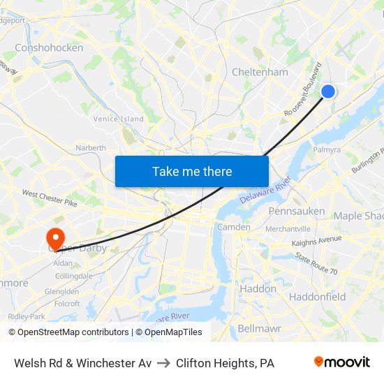 Welsh Rd & Winchester Av to Clifton Heights, PA map