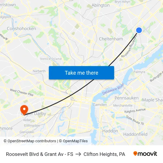 Roosevelt Blvd & Grant Av - FS to Clifton Heights, PA map