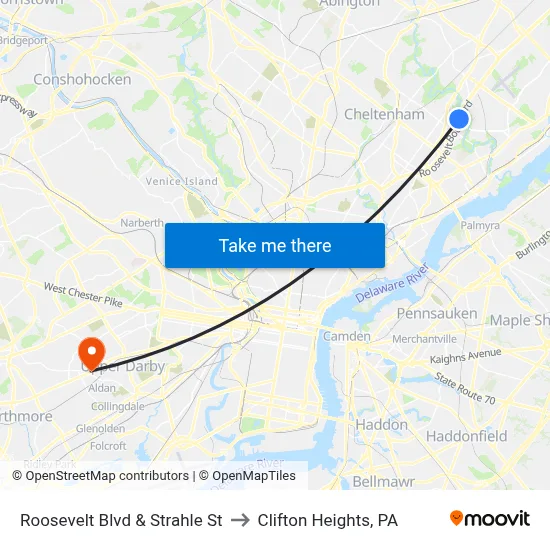 Roosevelt Blvd & Strahle St to Clifton Heights, PA map