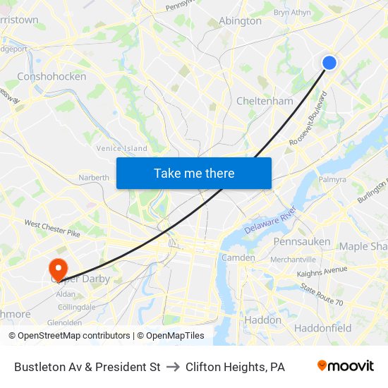 Bustleton Av & President St to Clifton Heights, PA map