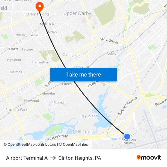 Airport Terminal A to Clifton Heights, PA map