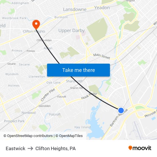 Eastwick to Clifton Heights, PA map