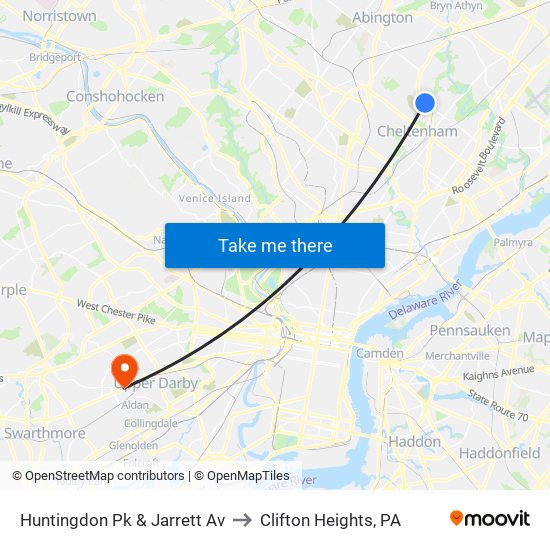 Huntingdon Pk & Jarrett Av to Clifton Heights, PA map