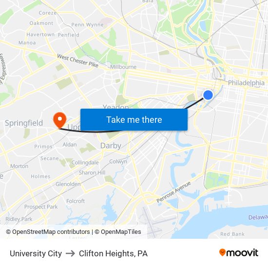 University City to Clifton Heights, PA map