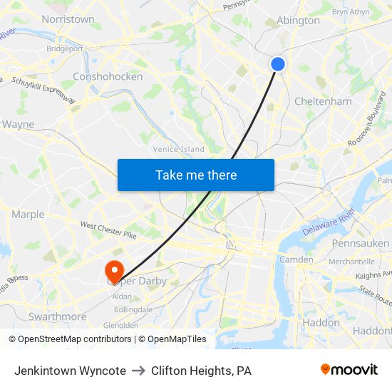 Jenkintown Wyncote to Clifton Heights, PA map