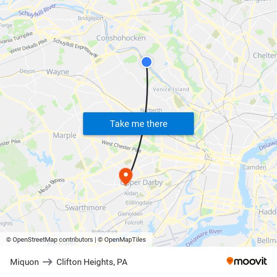 Miquon to Clifton Heights, PA map