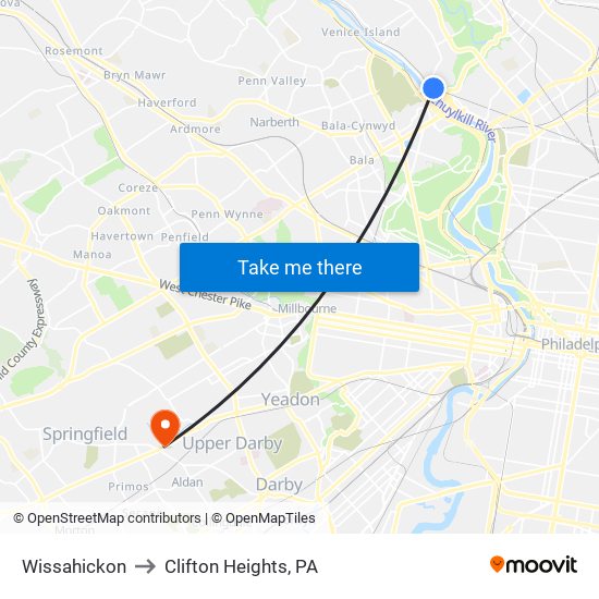 Wissahickon to Clifton Heights, PA map