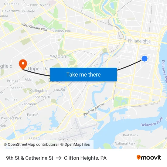 9th St & Catherine St to Clifton Heights, PA map