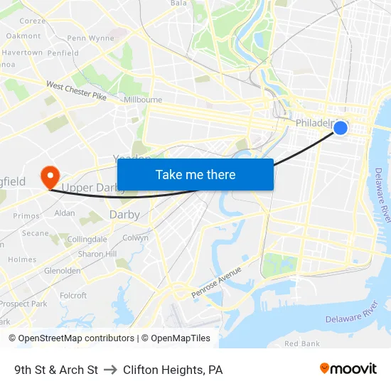 9th St & Arch St to Clifton Heights, PA map