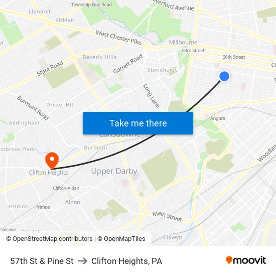 57th St & Pine St to Clifton Heights, PA map
