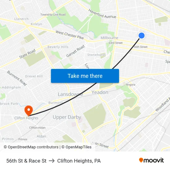 56th St & Race St to Clifton Heights, PA map