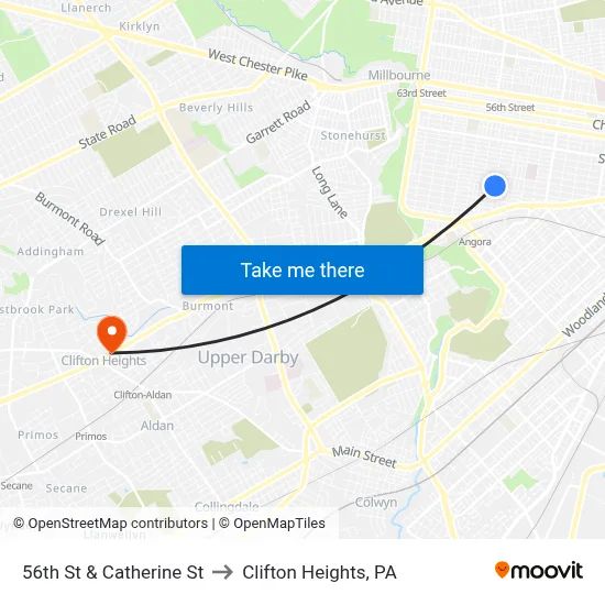 56th St & Catherine St to Clifton Heights, PA map