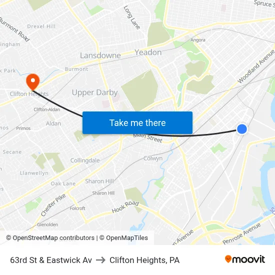 63rd St & Eastwick Av to Clifton Heights, PA map