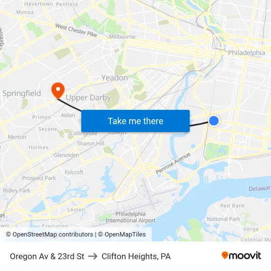 Oregon Av & 23rd St to Clifton Heights, PA map
