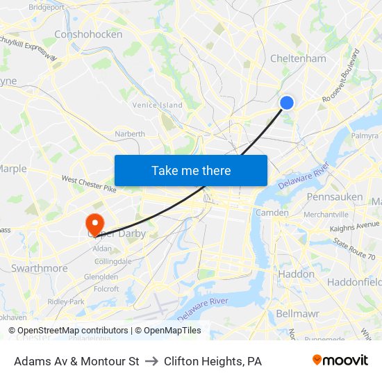 Adams Av & Montour St to Clifton Heights, PA map