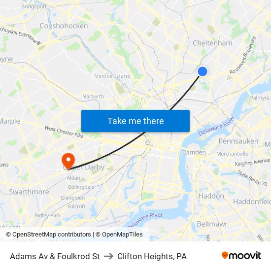 Adams Av & Foulkrod St to Clifton Heights, PA map