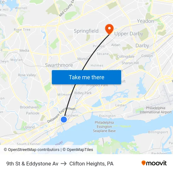 9th St & Eddystone Av to Clifton Heights, PA map