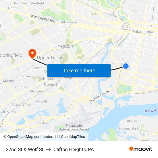 22nd St & Wolf St to Clifton Heights, PA map