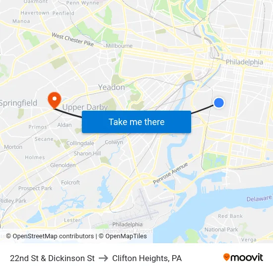 22nd St & Dickinson St to Clifton Heights, PA map