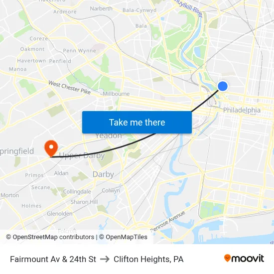 Fairmount Av & 24th St to Clifton Heights, PA map