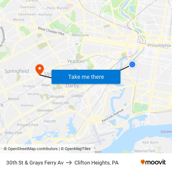 30th St & Grays Ferry Av to Clifton Heights, PA map