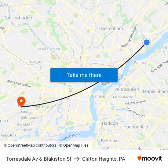 Torresdale Av & Blakiston St to Clifton Heights, PA map