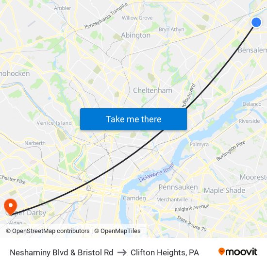 Neshaminy Blvd & Bristol Rd to Clifton Heights, PA map