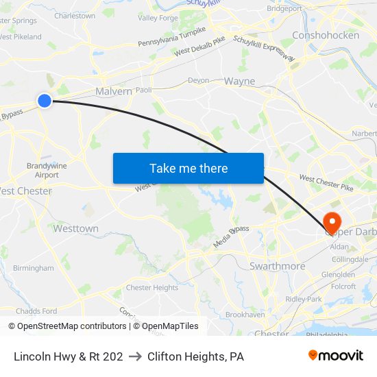 Lincoln Hwy & Rt 202 to Clifton Heights, PA map