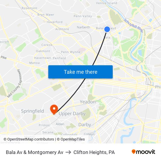 Bala Av & Montgomery Av to Clifton Heights, PA map