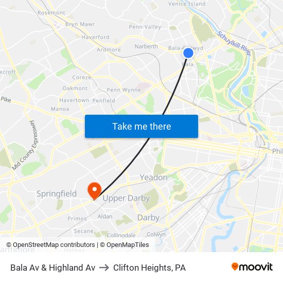 Bala Av & Highland Av to Clifton Heights, PA map