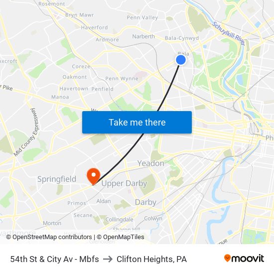 54th St & City Av - Mbfs to Clifton Heights, PA map