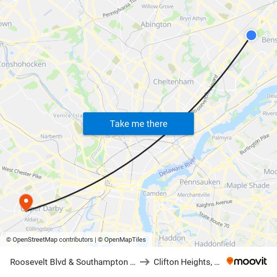 Roosevelt Blvd & Southampton Rd to Clifton Heights, PA map