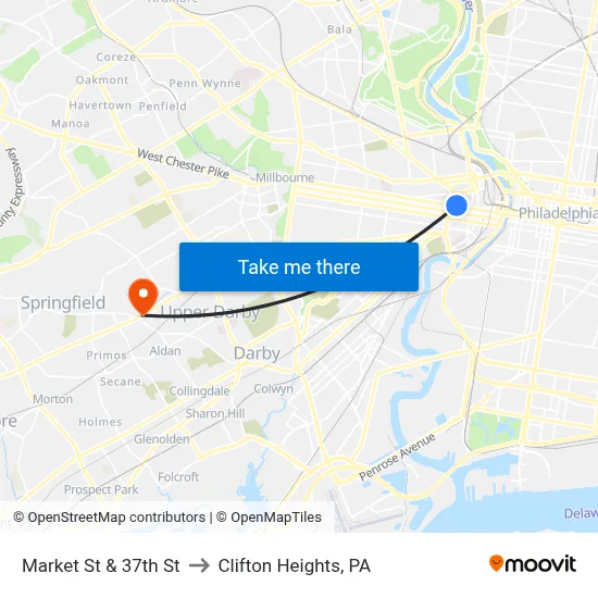 Market St & 37th St to Clifton Heights, PA map
