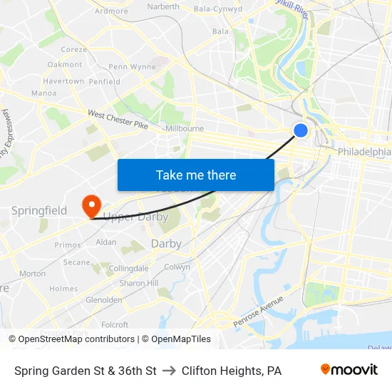 Spring Garden St & 36th St to Clifton Heights, PA map