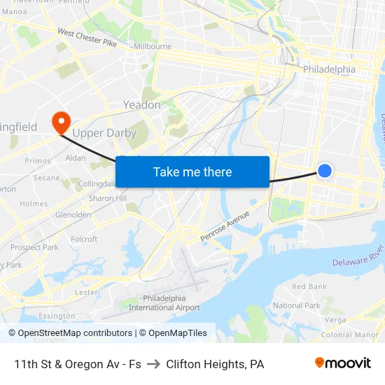 11th St & Oregon Av - Fs to Clifton Heights, PA map