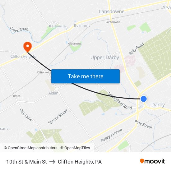 10th St & Main St to Clifton Heights, PA map