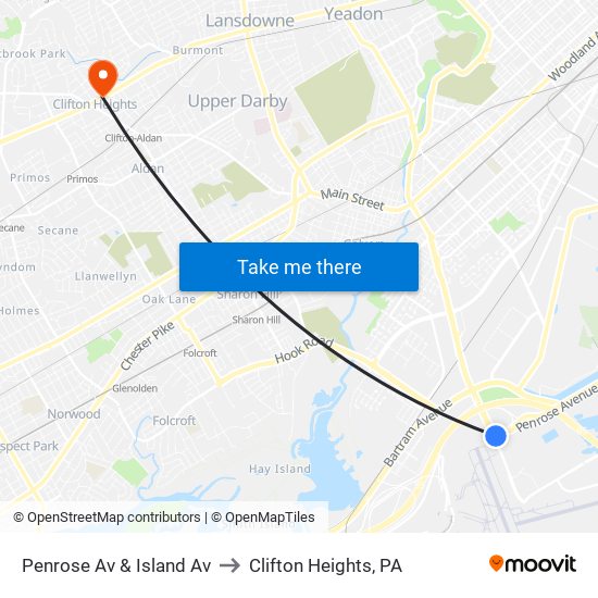 Penrose Av & Island Av to Clifton Heights, PA map