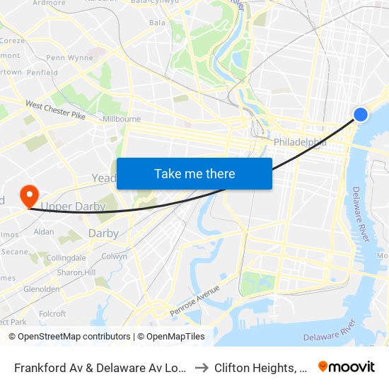 Frankford Av & Delaware Av Loop to Clifton Heights, PA map