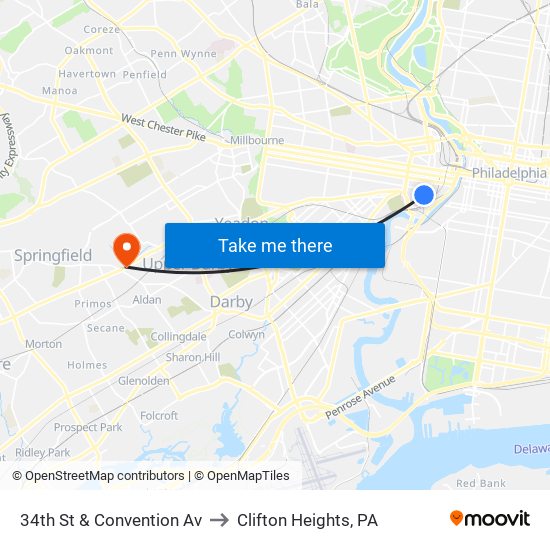 34th St & Convention Av to Clifton Heights, PA map
