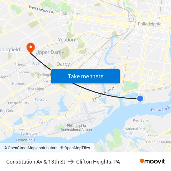 Constitution Av & 13th St to Clifton Heights, PA map