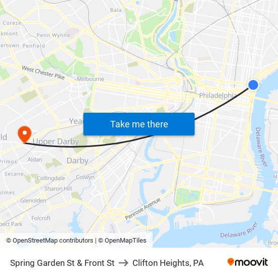 Spring Garden St & Front St to Clifton Heights, PA map